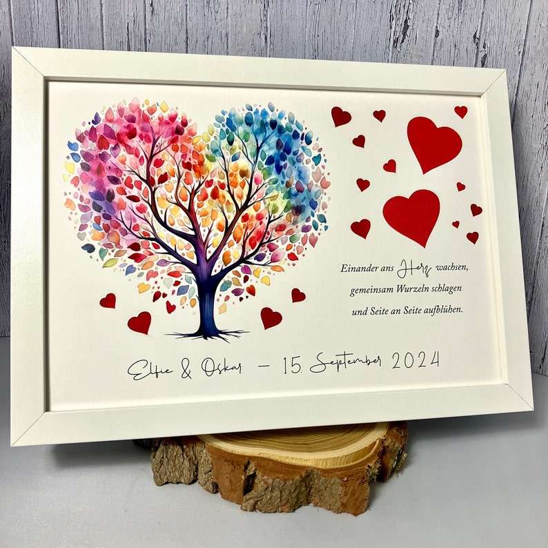 Money gift for the wedding personalized with colorful wedding tree and punched out hearts optionally in a picture frame as a souvenir image 8