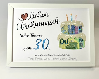 Money gift birthday | personalized | with a punched out heart and cake to deposit banknotes