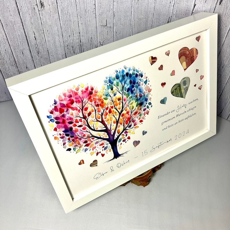 Money gift for the wedding personalized with colorful wedding tree and punched out hearts optionally in a picture frame as a souvenir image 6