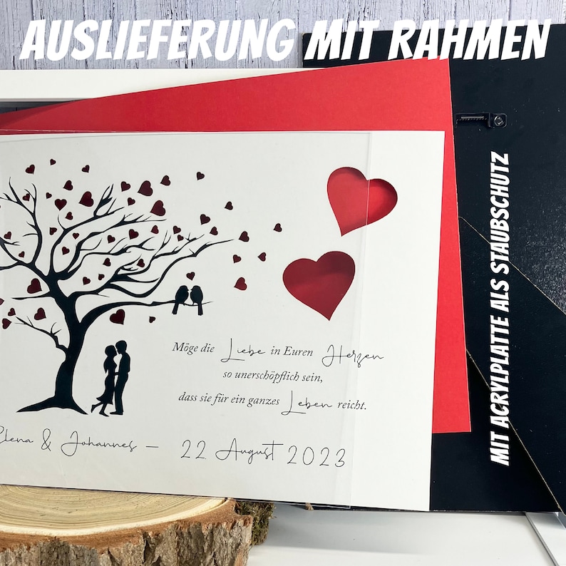 Geldgeschenk zur Hochzeit personalisiert mit Baum und ausgestanzten Herzen optional im Bilderrahmen als Erinnerung zum aufhängen Bild 3