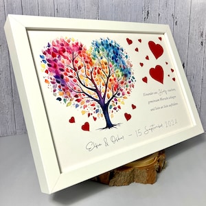 Money gift for the wedding personalized with colorful wedding tree and punched out hearts optionally in a picture frame as a souvenir image 2