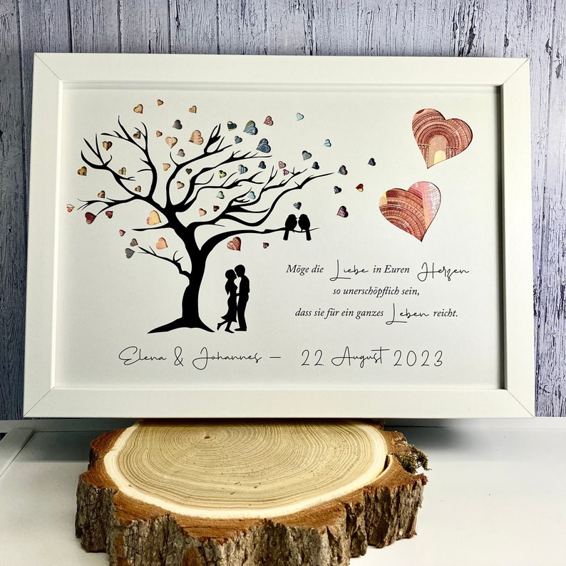 Cadeau d'argent pour le mariage personnalisé avec arbre et coeurs perforés éventuellement à accrocher dans le cadre photo comme souvenir image 1