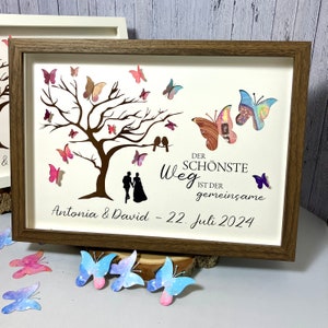 Wedding gift of money | personalized | with colorful butterfly tree and punched 3D butterflies | in a picture frame