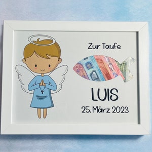 Christening gift personalized | Gift of money in a picture frame | customizable angel and die-cut fish