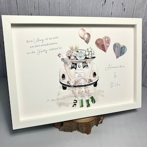 Geldgeschenk zur Hochzeit | personalisiert | mit Hochzeitsauto ausgestanzten Herzen | und passender Glückwunschkarte zum Geschenk