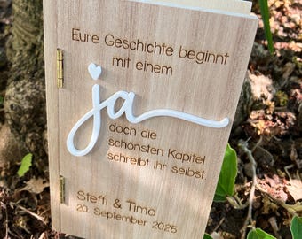 Geldgeschenk Hochzeit in Buchbox „Ja“ | personalisiert | mit Wunscherfüller | mit Reagenzglas und Strauß aus Trockenblumen