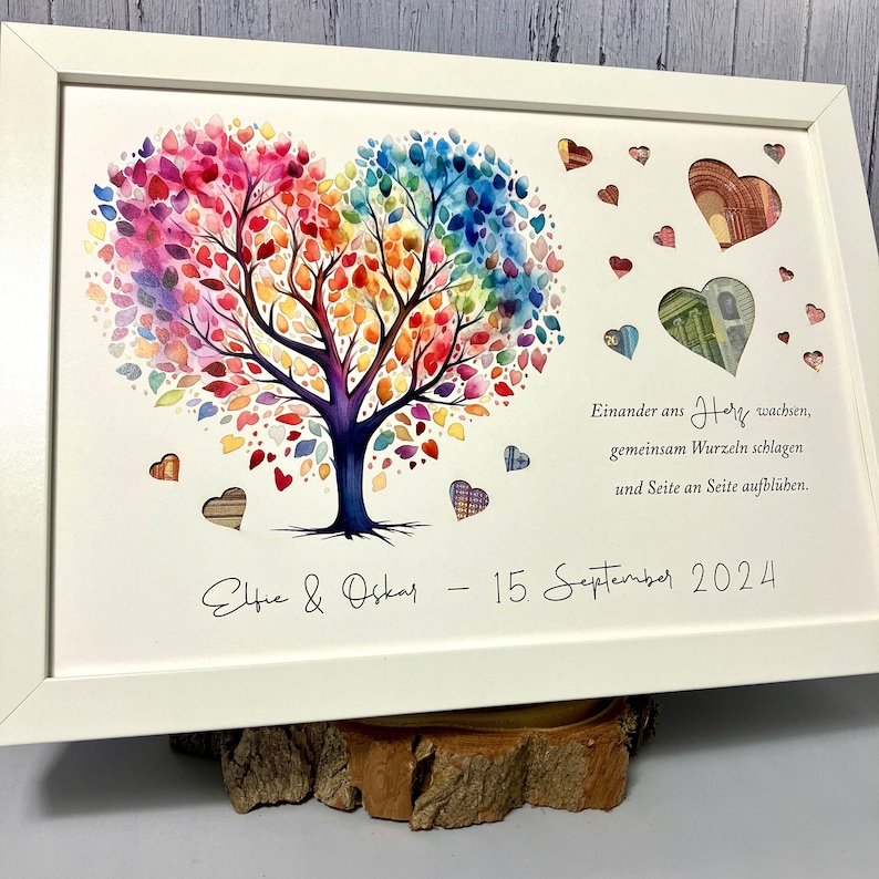 Money gift for the wedding personalized with colorful wedding tree and punched out hearts optionally in a picture frame as a souvenir image 9