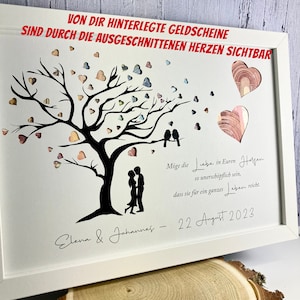 Geldgeschenk zur Hochzeit personalisiert mit Baum und ausgestanzten Herzen optional im Bilderrahmen als Erinnerung zum aufhängen Bild 2