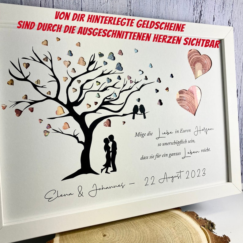 Cadeau d'argent pour le mariage personnalisé avec arbre et coeurs perforés éventuellement à accrocher dans le cadre photo comme souvenir image 2