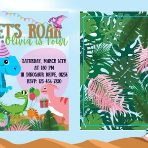 Pode incluir: Um convite imprimível para uma festa de aniversário com tema de dinossauros. O convite apresenta um dinossauro azul, um dinossauro verde, um dinossauro rosa e um fundo de tema de selva. O texto do convite diz "Let's Roar Olivia is four" e inclui a data, a hora e o local da festa.
