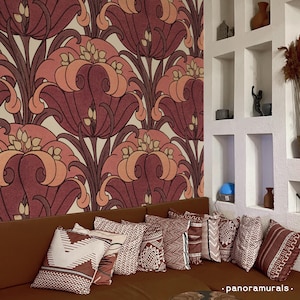 Art Nouveau Wallpaper, Retro Floral Pattern in Red and Pink, Vintage Art Deco and Eclectic Peel & Stick Mural 184