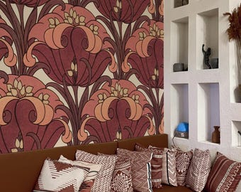 Art Nouveau Wallpaper, Retro Floral Pattern in Red and Pink, Vintage Art Deco and Eclectic Peel & Stick Mural 184