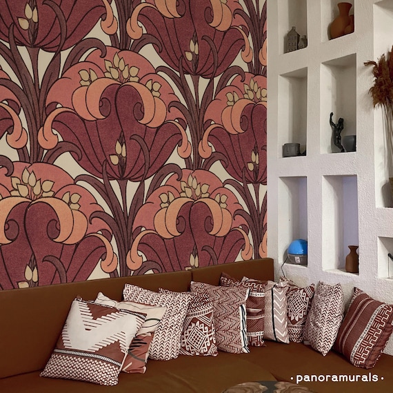 Art Nouveau Wallpaper, Retro Floral Pattern in Red and Pink, Vintage Art Deco and Eclectic Peel & Stick Mural 184