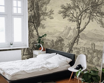 Antique drawn scenery wallpaper prints, Landscape moody home decor 59