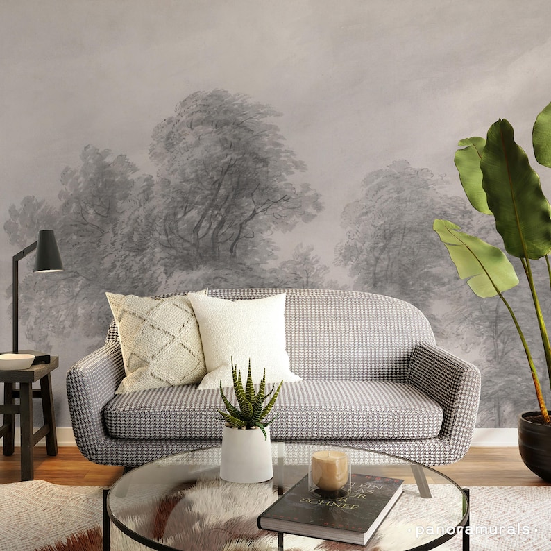 Forest Silhouette Moody Wallpaper Designs, Sketched Trees Aesthetic Nursery Wall Mural 08 image 2