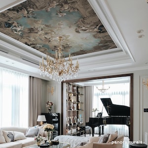 May include: An interior shot of a living room with a painted ceiling mural depicting a classical scene. A large, ornate gold chandelier hangs from the ceiling. The room features a grand piano, a sofa, and a mirrored wall.