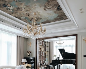 Renaissance Fresco Wallpaper, Cloud Sky Ceiling Mural, Angel Cherub Art, Baroque Peel and Stick, Vintage Bedroom Decor, Removable 205