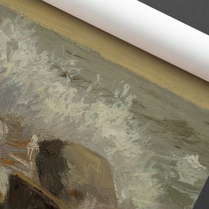 K&ouml;nnte beinhalten: Gerollter Leinwanddruck mit einem impressionistischen Seest&uuml;ck. Das Kunstwerk zeigt ein st&uuml;rmisches Meer mit tosenden Wellen in Wei&szlig;-, Grau- und Braunt&ouml;nen. Die Leinwand ist teilweise gerollt und gibt einen wei&szlig;en Innenraum frei.