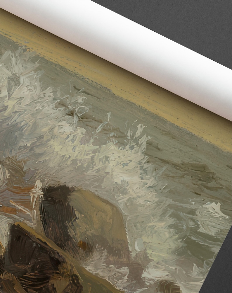 K&ouml;nnte beinhalten: Gerollter Leinwanddruck mit einem impressionistischen Seest&uuml;ck. Das Kunstwerk zeigt ein st&uuml;rmisches Meer mit tosenden Wellen in Wei&szlig;-, Grau- und Braunt&ouml;nen. Die Leinwand ist teilweise gerollt und gibt einen wei&szlig;en Innenraum frei.