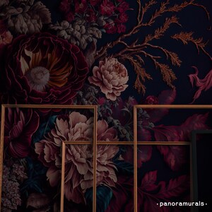Magnificent flowers wallpaper for moody interiors, Dark removable floral wall decor 48 image 2
