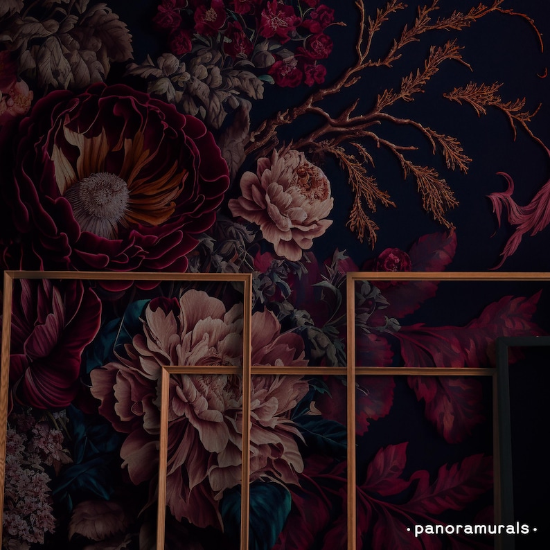 Magnificent flowers wallpaper for moody interiors, Dark removable floral wall decor 48 image 2