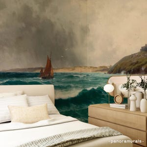 Stormy Sea Castle Wallpaper, Vintage Coastal Painting, Dramatic Ocean Waves Art, Marine Seascape, Green Gray, Peel and Stick Decor 161