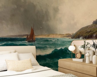 May include: A bedroom featuring a wall mural of a seascape with a sailboat on turbulent turquoise waters under a stormy sky. The room includes a bed with white bedding and a wooden dresser with decorative items.