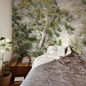 Forest Moody Nature Wallpaper For Relaxing And Calming Interiors, Watercolor Wood Mural 37