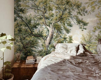 Forest Moody Nature Wallpaper For Relaxing And Calming Interiors, Watercolor Wood Mural 37