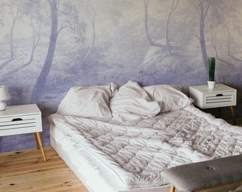Dreamy forest wallpaper, Watercolor landscape mural, Serene woodland design, Fantasy forest wallpaper, Elegant interior design 135