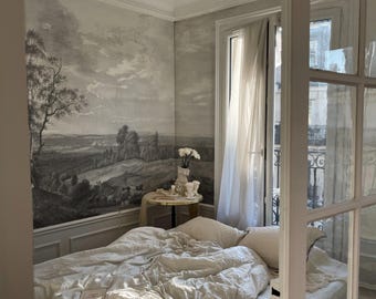 Monochrome Landscape Wallpaper Mural, Panoramic Wall Art, Vintage Wall Decor, Removable or Traditional Material, Scenic Wall Covering 31