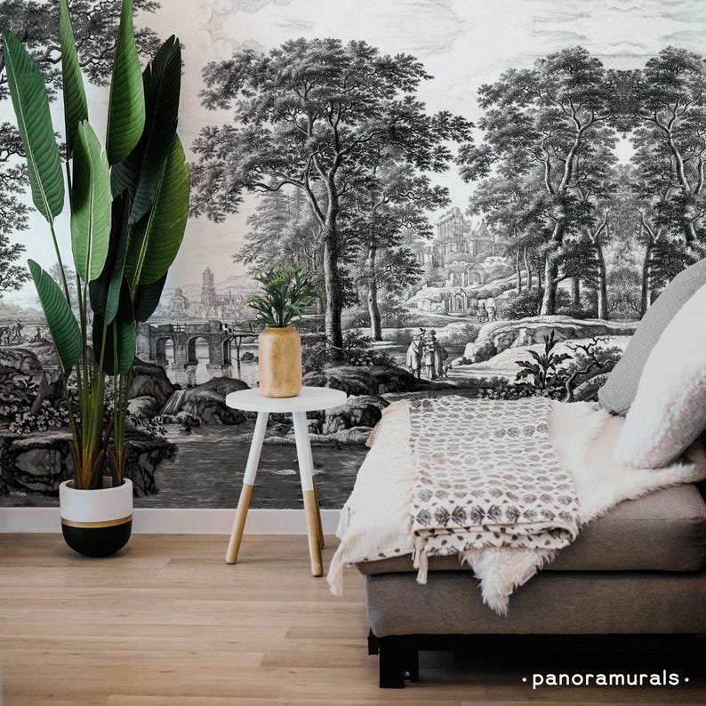Black and white landscape wallpaper, High quality print, Vintage scenic mural, French country decor 131 image 1
