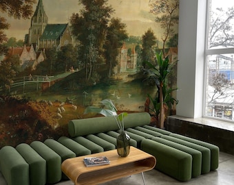 River landscape with two patriarchs near a town serene view removable wallpaper, historical scenic impressive mural 51