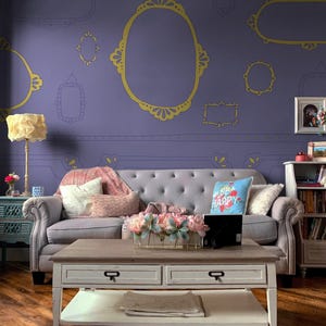 Vintage Frame, Fantasy Wallpaper, Golden Frame mural, Chic Purple and Gold Frame Motif 86
