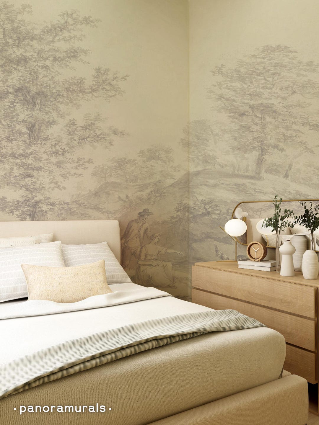 Monochrome Rural Life Pattern, Removable Wallpaper, Countryside Mural ...
