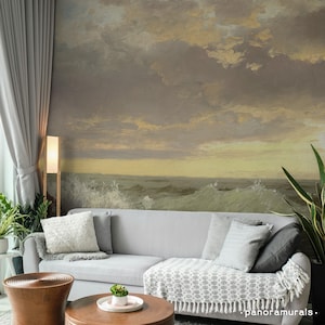 Moody Ocean Seascape Wall Mural, Vintage Crashing Waves Peel and Stick Wallpaper for a Dramatic Rustic Coastal Accent Wall 190