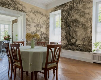 May include: A dining room with a large, black and white tree mural on the wall. The room has a wooden floor with a herringbone pattern and a table with chairs in the center.