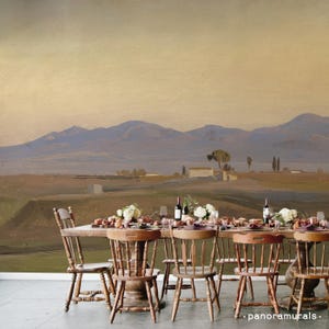 Vintage Italian Landscape Wallpaper, Tuscan Countryside Scene, Yellow & Blue, Rustic Farmhouse Wall Mural 182