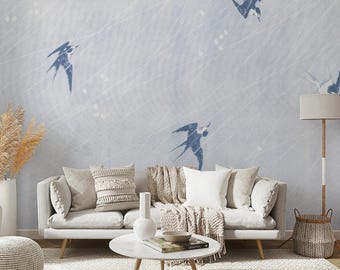 Japanese Swallow Wallpaper, Blue Bird & Rain Pattern, Vintage Nature Mural, Peel and Stick Wall Art, Asian Style Bedroom Decor 217