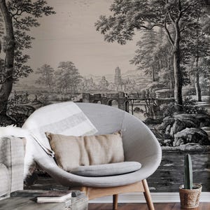 Black and white landscape wallpaper, High quality print, Vintage scenic mural, French country decor 131 image 2