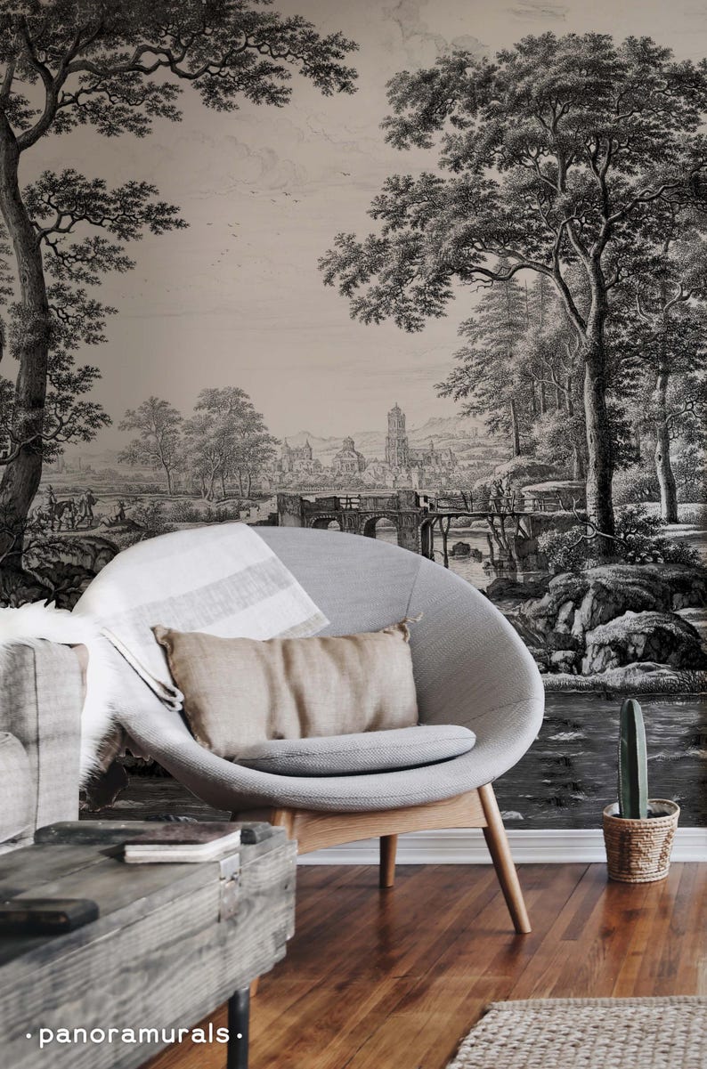 Black and white landscape wallpaper, High quality print, Vintage scenic mural, French country decor 131 image 2