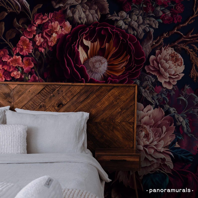 Magnificent flowers wallpaper for moody interiors, Dark removable floral wall decor 48 image 1