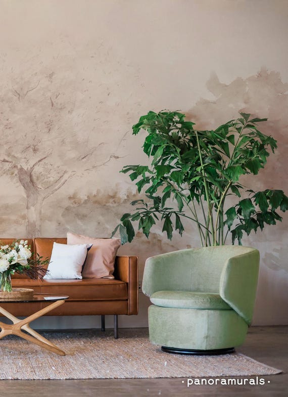 Watercolor tree design wallpaper, Calming home decor, Muted tones wall mural, Rustic nature 95