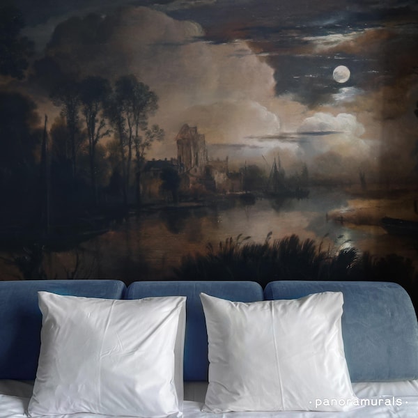 Vintage nocturnal wall art, Moonlit landscape mural, Serene riverside wallpaper, Atmospheric night sky design 127