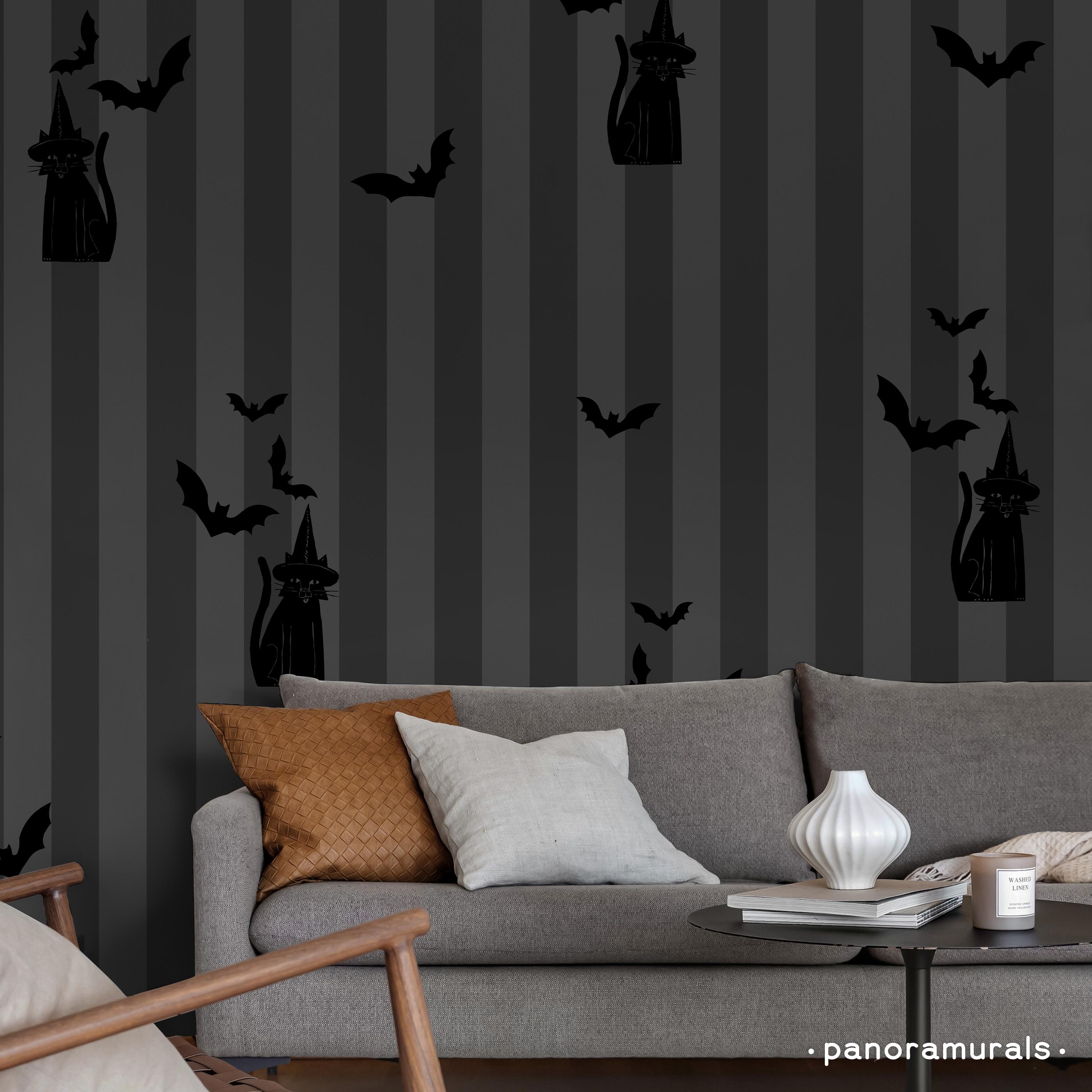 Spooky Halloween Wallpaper With Black Cat and Bats, Gothic Gray Striped ...
