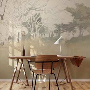 Pastel nature mural, Light tree wallpaper, Removable wallpaper, Neutral tones home decor 98