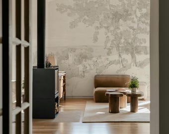 Village Neutral Moody Wall Mural For A Calming Effect, Watercolor Colors Wallpaper 16