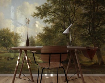 May include: A wooden desk with a white lamp and a chair sits in front of a wall mural depicting a landscape with trees and a cloudy sky.