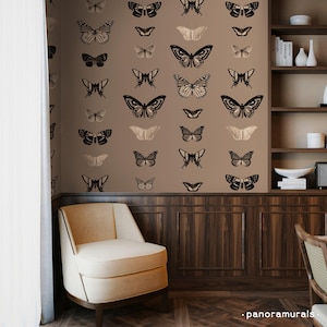 Butterfly Pattern Wallpaper, Vintage mural, Taupe Butterfly Wall Covering, Boho Wall Design, Contemporary Insect Decor 56