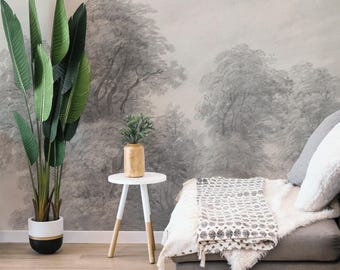 Forest Silhouette Moody Wallpaper Designs, Sketched Trees Aesthetic Nursery Wall Mural 08